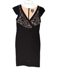 Adrianna Papell Women's sz 6 Petite Black Midi Cocktail Dress V neck Lining NWT